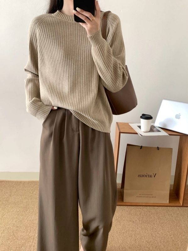 Ženski debeli pleteni top s okruglim izrezom, udoban široki kroj, raglan rukavi, retro stil, viskoze i poliestera mješavina