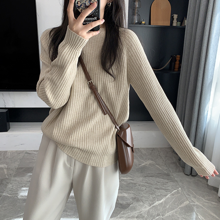 Ženski debeli pleteni top s okruglim izrezom, udoban široki kroj, raglan rukavi, retro stil, viskoze i poliestera mješavina