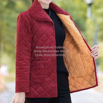 Jachetă damă corduroy, căptușită cu fleece, izolație Space Cotton, lungime medie, închidere cu catarame multiple, pentru femei de vârstă mijlocie și în vârstă