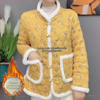 Jachetă damă corduroy, căptușită cu fleece, izolație Space Cotton, lungime medie, închidere cu catarame multiple, pentru femei de vârstă mijlocie și în vârstă