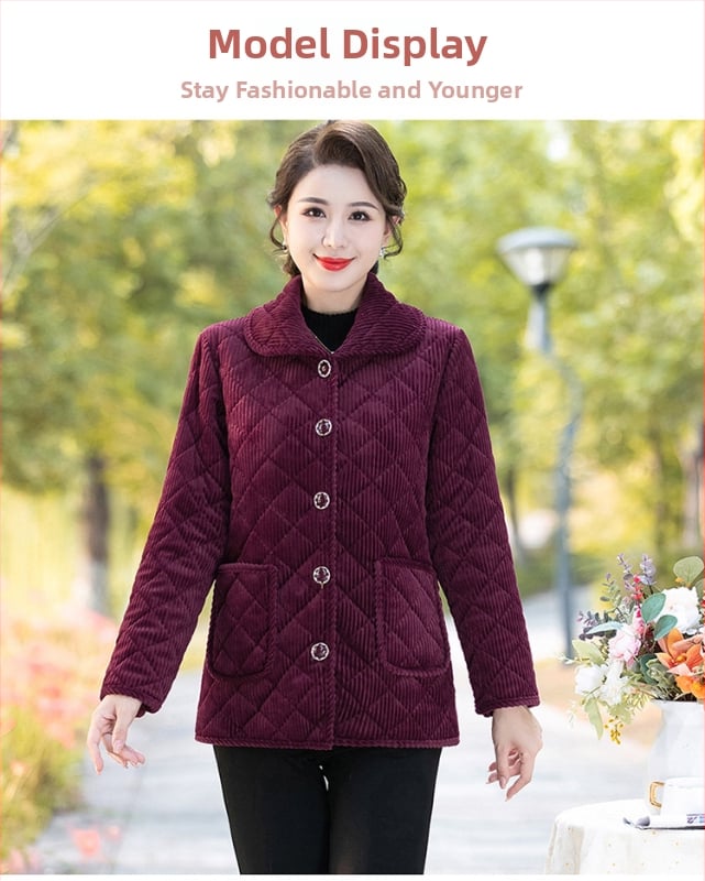 Jachetă damă corduroy, căptușită cu fleece, izolație Space Cotton, lungime medie, închidere cu catarame multiple, pentru femei de vârstă mijlocie și în vârstă