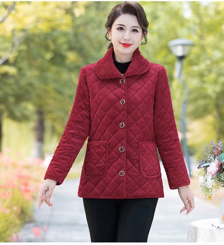 Jachetă damă corduroy, căptușită cu fleece, izolație Space Cotton, lungime medie, închidere cu catarame multiple, pentru femei de vârstă mijlocie și în vârstă