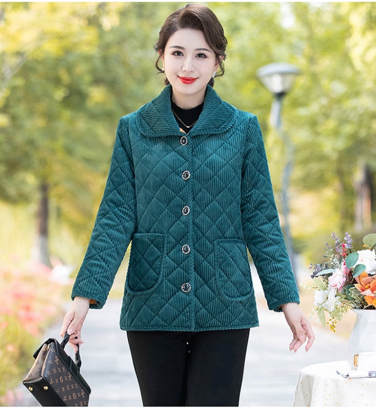 Jachetă damă corduroy, căptușită cu fleece, izolație Space Cotton, lungime medie, închidere cu catarame multiple, pentru femei de vârstă mijlocie și în vârstă