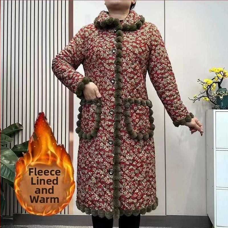 Jachetă damă corduroy, căptușită cu fleece, izolație Space Cotton, lungime medie, închidere cu catarame multiple, pentru femei de vârstă mijlocie și în vârstă