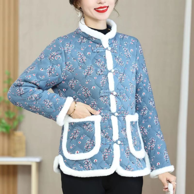 Jachetă damă corduroy, căptușită cu fleece, izolație Space Cotton, lungime medie, închidere cu catarame multiple, pentru femei de vârstă mijlocie și în vârstă