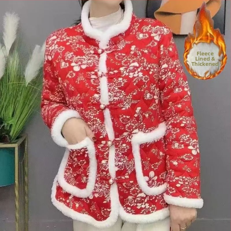 Jachetă damă corduroy, căptușită cu fleece, izolație Space Cotton, lungime medie, închidere cu catarame multiple, pentru femei de vârstă mijlocie și în vârstă