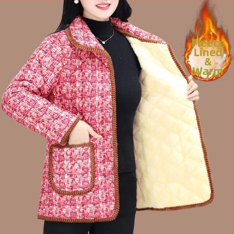 Jachetă damă corduroy, căptușită cu fleece, izolație Space Cotton, lungime medie, închidere cu catarame multiple, pentru femei de vârstă mijlocie și în vârstă