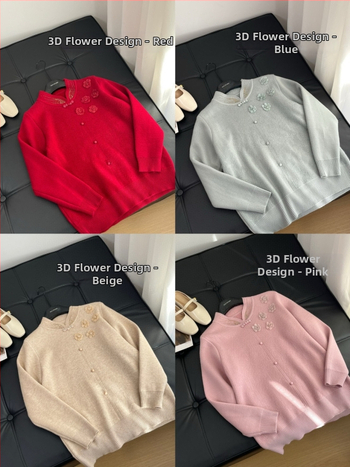 Moterų kiniško stiliaus megztinis su velvetiniu audiniu, imitacija dviejų dalių komplekto, apykaklė cheongsam, augalų ir gėlių raštas; audinys: akriliniai pluoštai; pagrindinis sudėtis <=30%; spandeks <=30%.