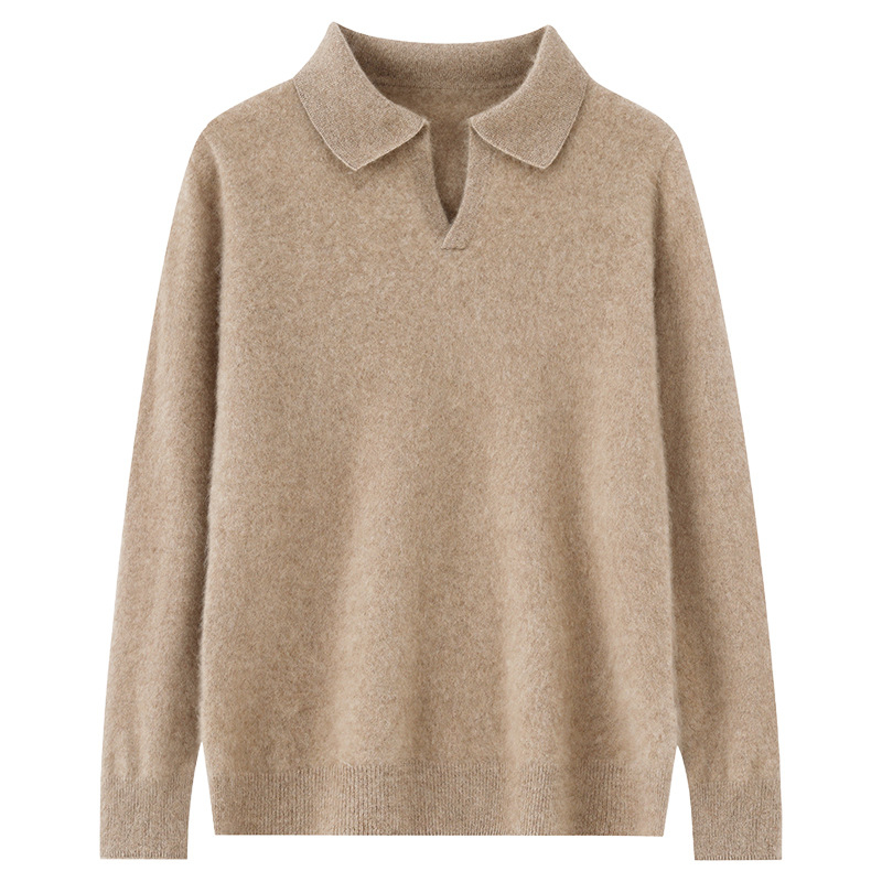 100% vilnos megztinis, ilgos rankovės, laisvas kirpimas, marškinėlių apykaklė, mercerizuotas mezgimas