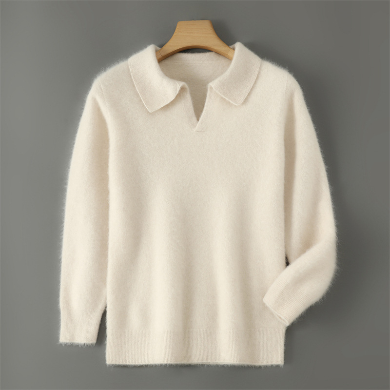 100% vilnos megztinis, ilgos rankovės, laisvas kirpimas, marškinėlių apykaklė, mercerizuotas mezgimas