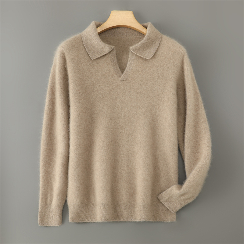 100% vilnos megztinis, ilgos rankovės, laisvas kirpimas, marškinėlių apykaklė, mercerizuotas mezgimas