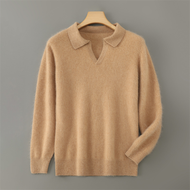 100% vilnos megztinis, ilgos rankovės, laisvas kirpimas, marškinėlių apykaklė, mercerizuotas mezgimas