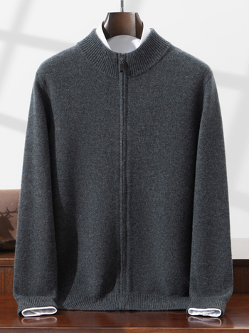 Vyrinis 100% vilnos kardiganas megztinis su pusiau aukštu kaklu, dvigubu užtrauktuku, kišenėmis