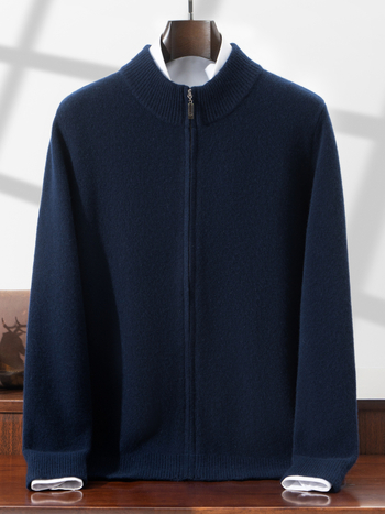 Vyrinis 100% vilnos kardiganas megztinis su pusiau aukštu kaklu, dvigubu užtrauktuku, kišenėmis