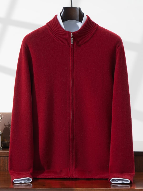 Vyrinis 100% vilnos kardiganas megztinis su pusiau aukštu kaklu, dvigubu užtrauktuku, kišenėmis