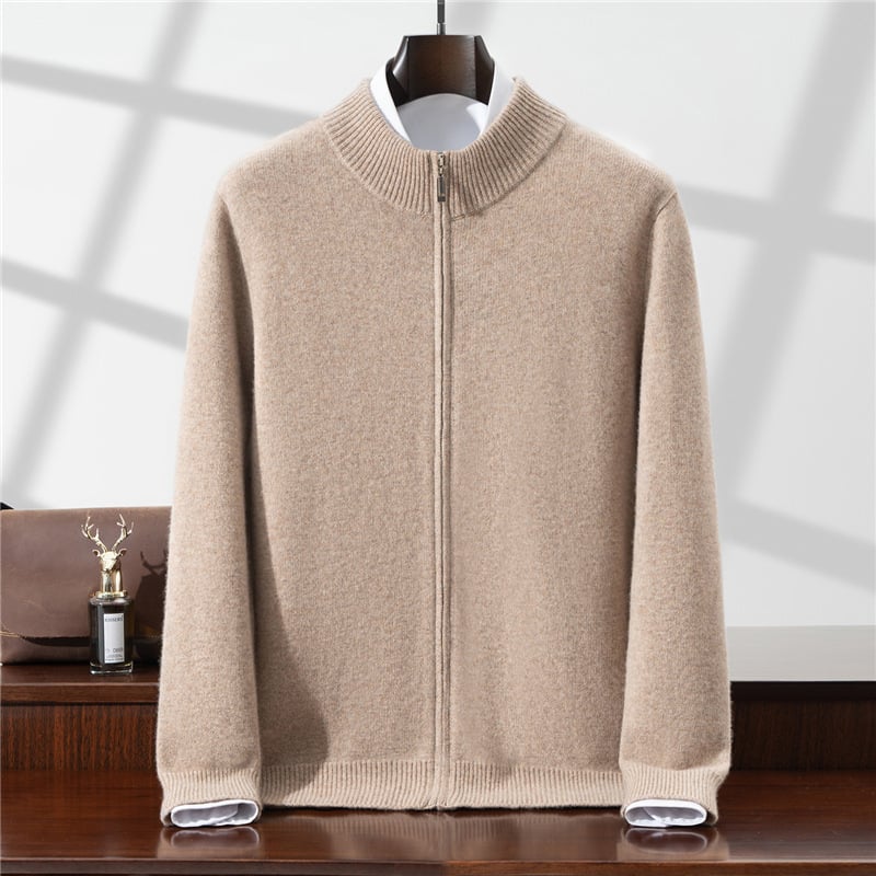 Vyrinis 100% vilnos kardiganas megztinis su pusiau aukštu kaklu, dvigubu užtrauktuku, kišenėmis