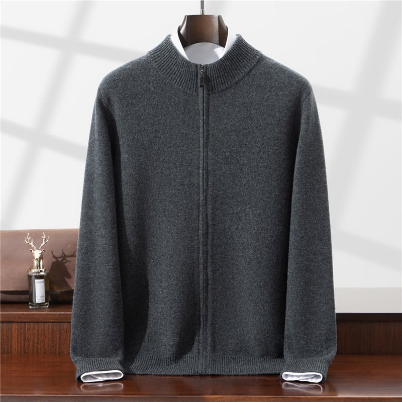 Vyrinis 100% vilnos kardiganas megztinis su pusiau aukštu kaklu, dvigubu užtrauktuku, kišenėmis