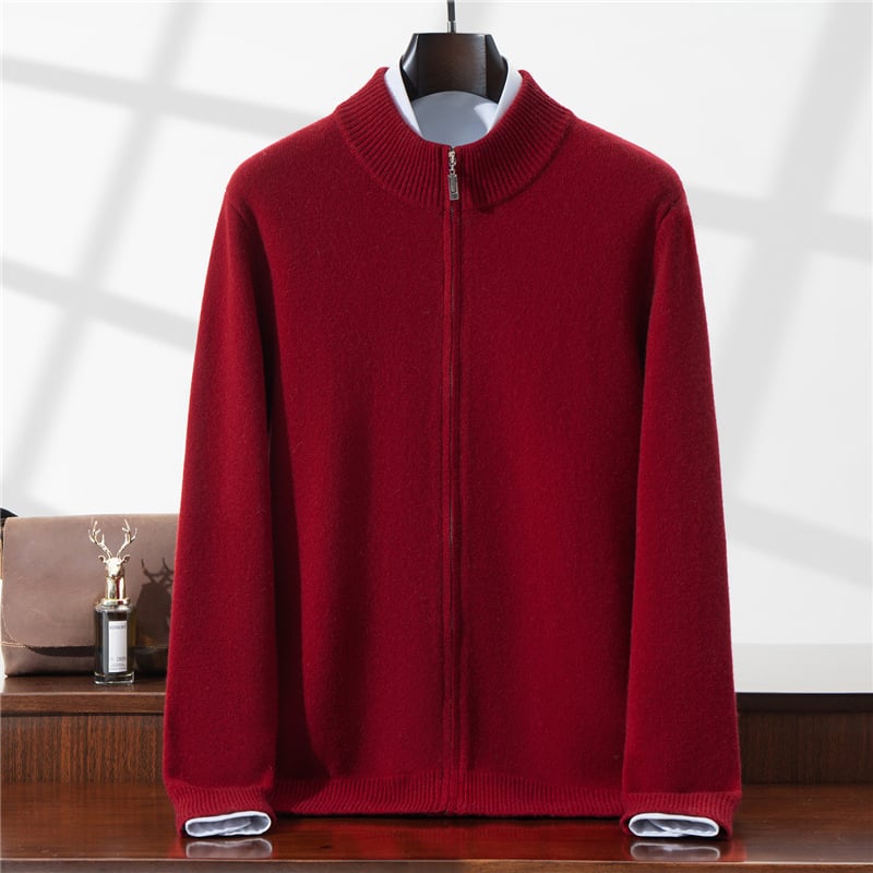 Vyrinis 100% vilnos kardiganas megztinis su pusiau aukštu kaklu, dvigubu užtrauktuku, kišenėmis