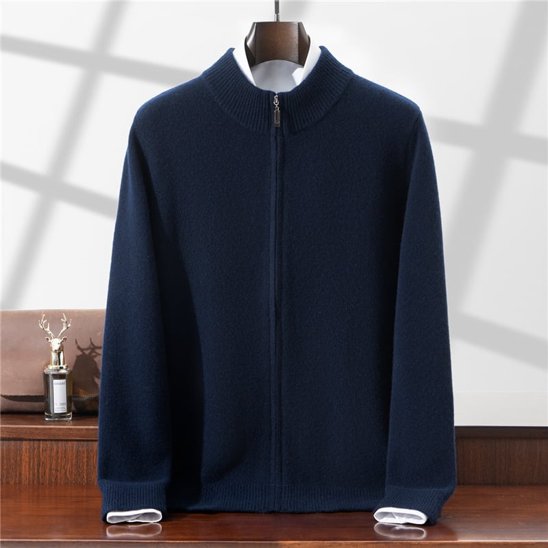 Vyrinis 100% vilnos kardiganas megztinis su pusiau aukštu kaklu, dvigubu užtrauktuku, kišenėmis