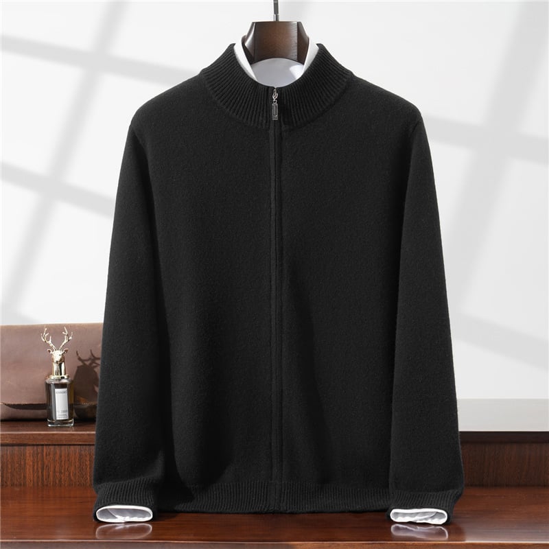 Vyrinis 100% vilnos kardiganas megztinis su pusiau aukštu kaklu, dvigubu užtrauktuku, kišenėmis