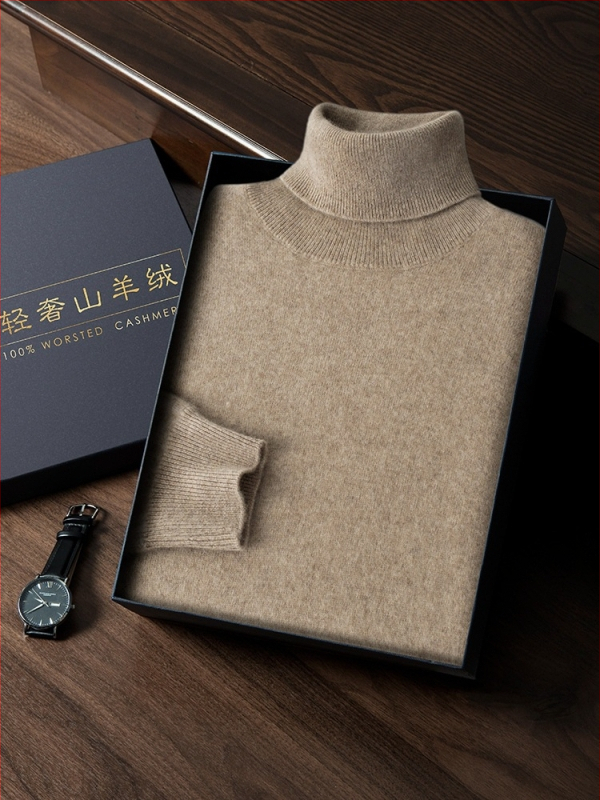 Vīriešu kašmira džemperis ar augstu apkakli, šaurs siluets, garas piedurknes, bieza adījuma, kokvilnas maisījums