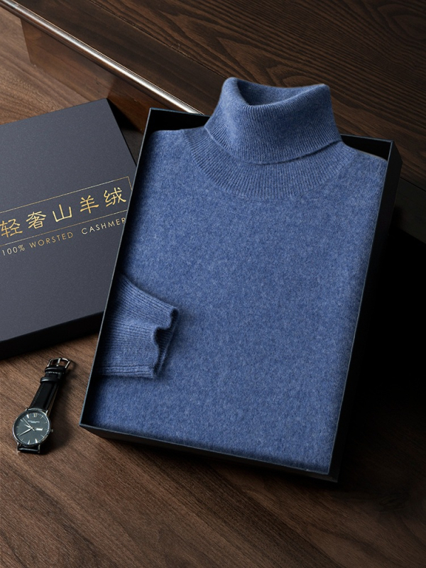Vyriškas kašmyro megztinis su aukštu apykakle, siauras kirpimas, ilgos rankovės, tankiai megztas, medvilnės mišinys