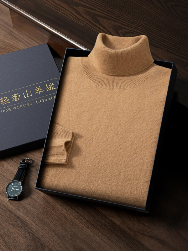 Vyriškas kašmyro megztinis su aukštu apykakle, siauras kirpimas, ilgos rankovės, tankiai megztas, medvilnės mišinys