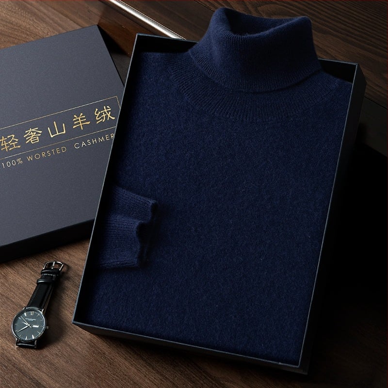 Vyriškas kašmyro megztinis su aukštu apykakle, siauras kirpimas, ilgos rankovės, tankiai megztas, medvilnės mišinys