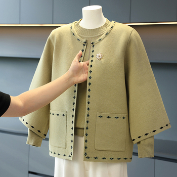 Dviejų dalių megztinis komplektas rudeniui ir pavasariui, laisvas kirpimas, apvalus kaklas, ilgomis rankovėmis, poliesterio pluoštas su 50–70% elastanu