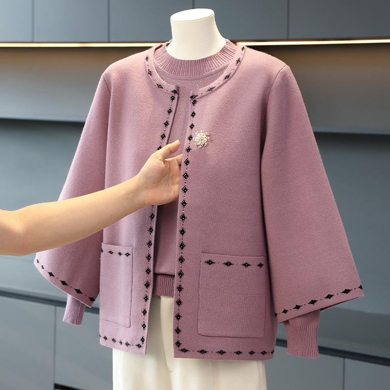 Dviejų dalių megztinis komplektas rudeniui ir pavasariui, laisvas kirpimas, apvalus kaklas, ilgomis rankovėmis, poliesterio pluoštas su 50–70% elastanu