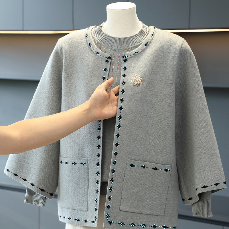 Dviejų dalių megztinis komplektas rudeniui ir pavasariui, laisvas kirpimas, apvalus kaklas, ilgomis rankovėmis, poliesterio pluoštas su 50–70% elastanu