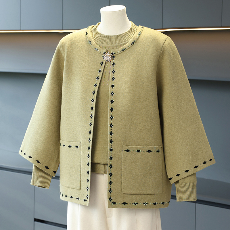 Dviejų dalių megztinis komplektas rudeniui ir pavasariui, laisvas kirpimas, apvalus kaklas, ilgomis rankovėmis, poliesterio pluoštas su 50–70% elastanu