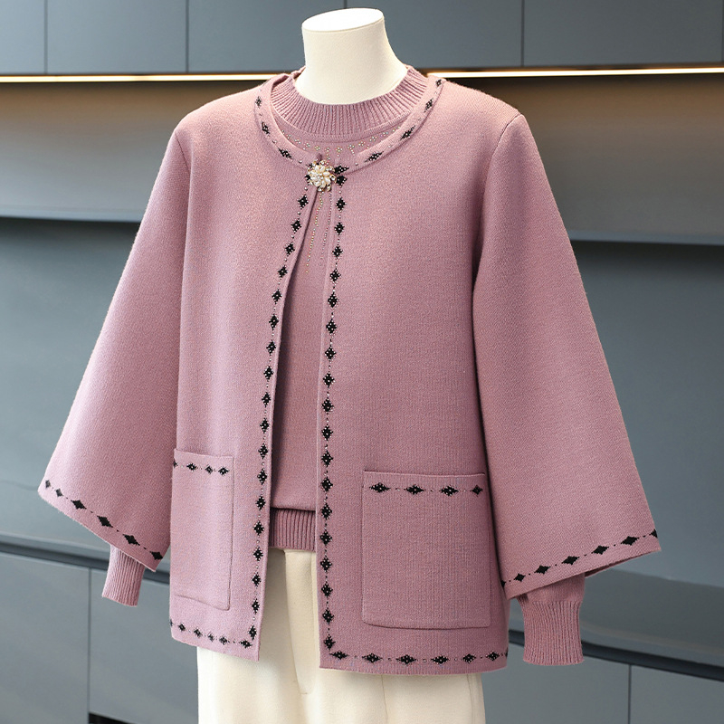 Dviejų dalių megztinis komplektas rudeniui ir pavasariui, laisvas kirpimas, apvalus kaklas, ilgomis rankovėmis, poliesterio pluoštas su 50–70% elastanu