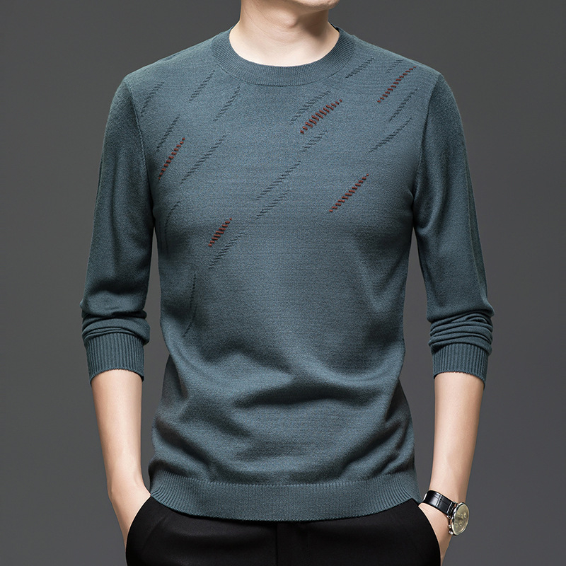 Muški tanki jacquard pleteni džemper s okruglim izrezom, dugi rukavi, slobodan kroj, smjesa poliester-viskoza-nylon.
