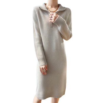 Дамска вълнена рокля-пуловер, дълга, свободна кройка, с цип и голям ревер