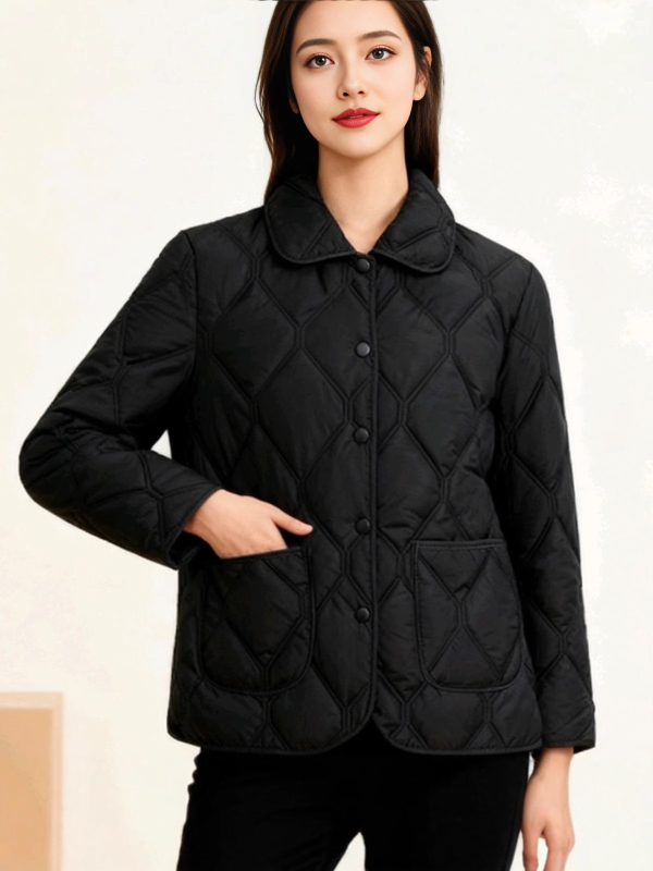 Geacă de iarnă căptușită cu exterior din Nylon, compoziția principală 95%+ poliester, umplutură mătase-bumbac, guler polo