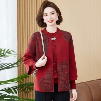 Moterų dviejų dalių megztinis kardigan komplektas – literatūros retro Kinų stilius, augalų raštas, poliesteris, ilgos rankovės, apvali kaklo linija, laisvas kirpimas