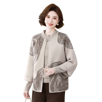 Moterų dviejų dalių megztinis kardigan komplektas – literatūros retro Kinų stilius, augalų raštas, poliesteris, ilgos rankovės, apvali kaklo linija, laisvas kirpimas