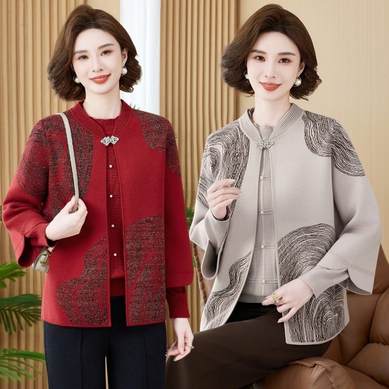 Moterų dviejų dalių megztinis kardigan komplektas – literatūros retro Kinų stilius, augalų raštas, poliesteris, ilgos rankovės, apvali kaklo linija, laisvas kirpimas