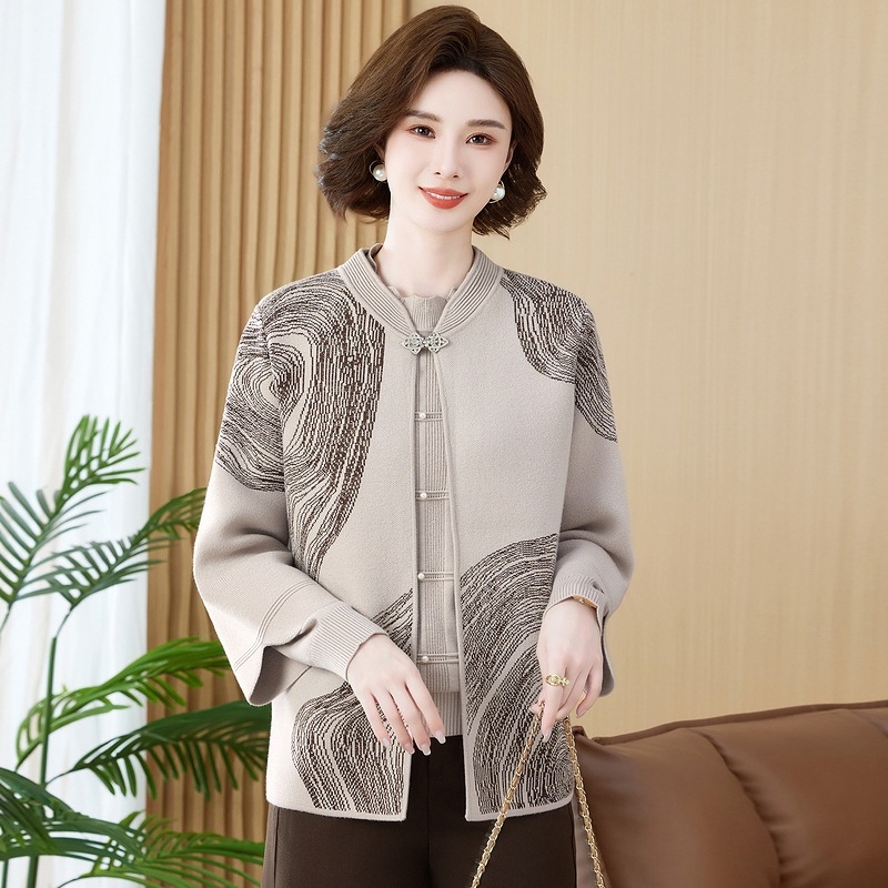 Moterų dviejų dalių megztinis kardigan komplektas – literatūros retro Kinų stilius, augalų raštas, poliesteris, ilgos rankovės, apvali kaklo linija, laisvas kirpimas