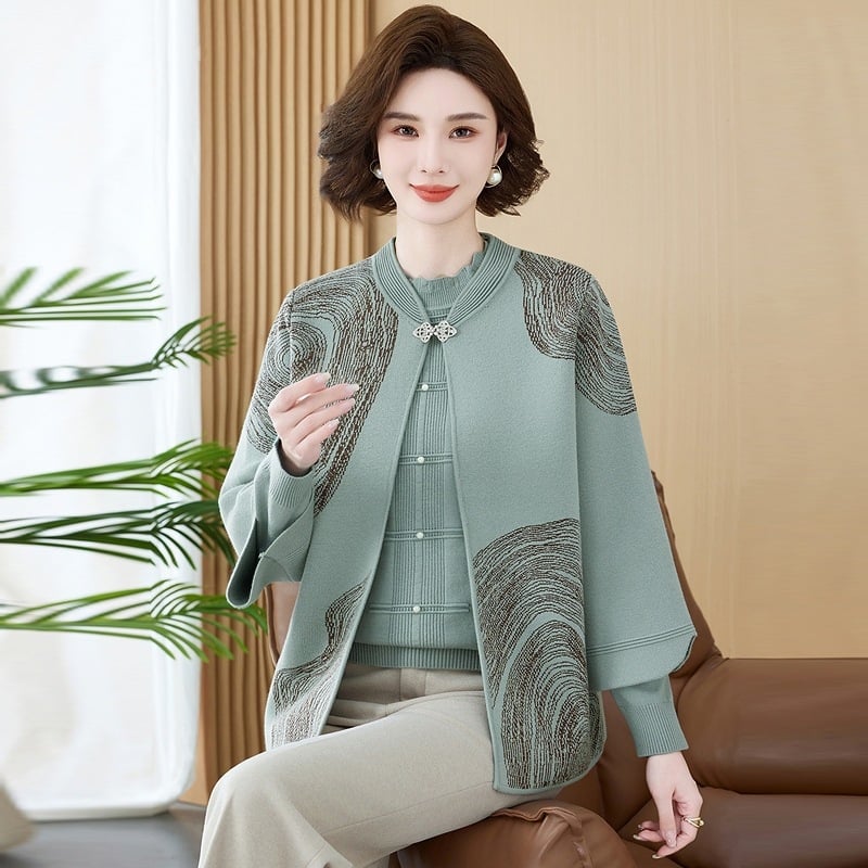 Moterų dviejų dalių megztinis kardigan komplektas – literatūros retro Kinų stilius, augalų raštas, poliesteris, ilgos rankovės, apvali kaklo linija, laisvas kirpimas