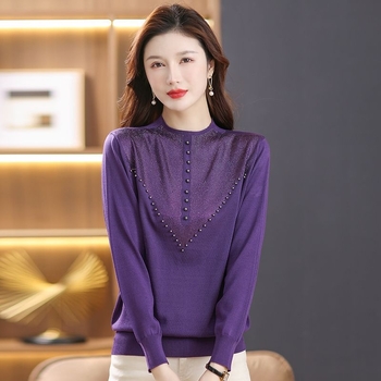 Női gyapjúkeverék kötött pulóver, kerek nyakú, hosszú ujjú, tavasz 2023