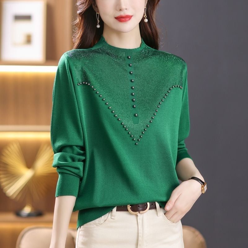 Női gyapjúkeverék kötött pulóver, kerek nyakú, hosszú ujjú, tavasz 2023