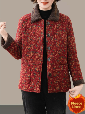 Дамско яке с подплата от флис, флорална шарка, ръкав 3/4, есенно 2025