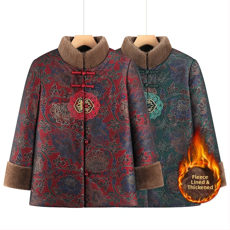 Palton de iarnă pentru femei în vârstă, căptușit cu fleece, 95% poliester, guler înalt, croială lejeră, umplutură: imitatie de mătase-pamuk