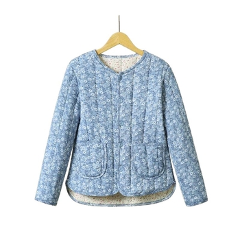 Téli töltött pamut kabát virágos béléssel, hosszú ujjú, környakú, középhosszú, TR anyag