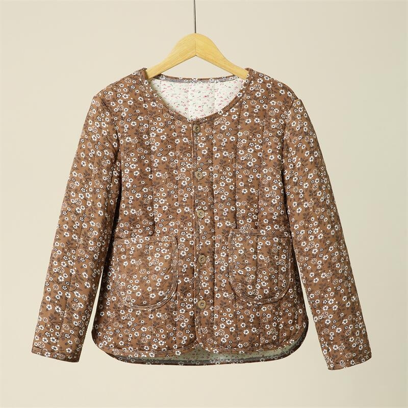 Téli töltött pamut kabát virágos béléssel, hosszú ujjú, környakú, középhosszú, TR anyag