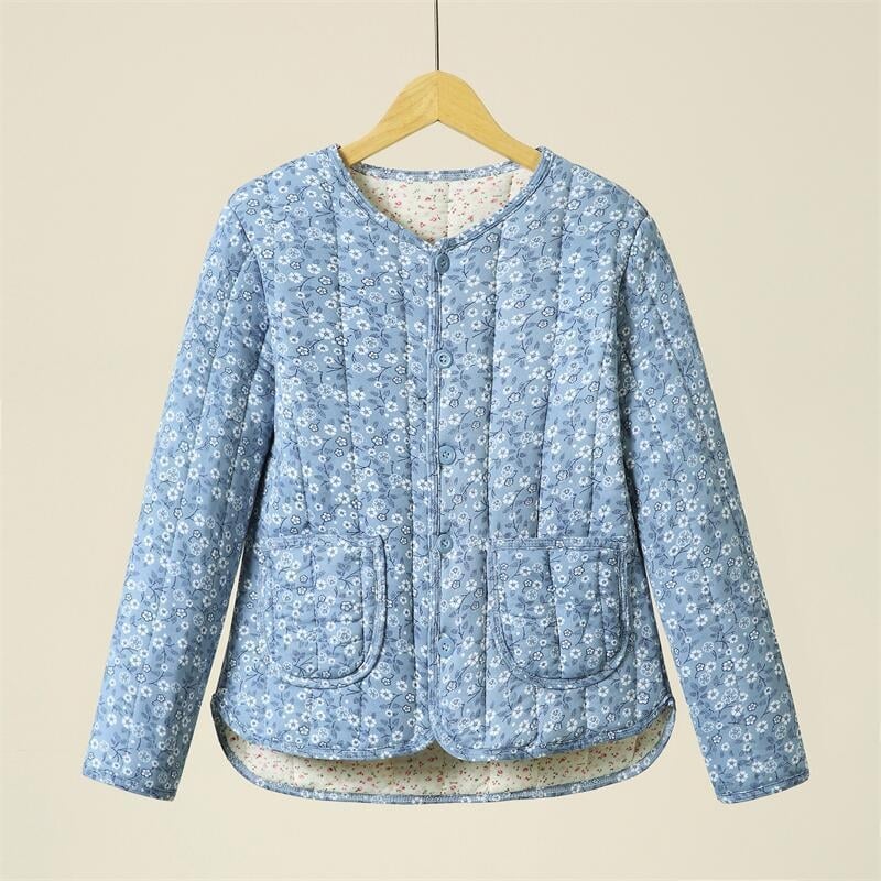 Téli töltött pamut kabát virágos béléssel, hosszú ujjú, környakú, középhosszú, TR anyag