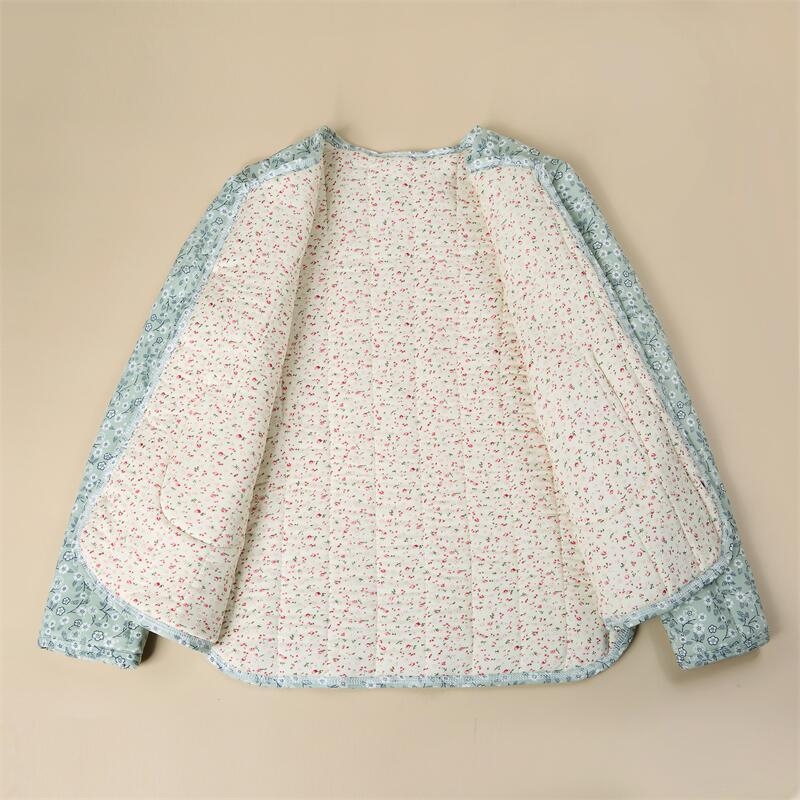 Téli töltött pamut kabát virágos béléssel, hosszú ujjú, környakú, középhosszú, TR anyag