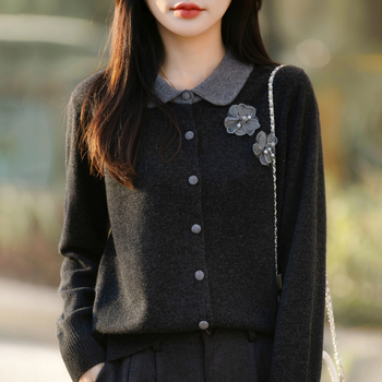 Cardigan din tricot în stil franțuzesc, guler tip păpușă, broderie florală tridimensională, croială lejeră, mâneci lungi